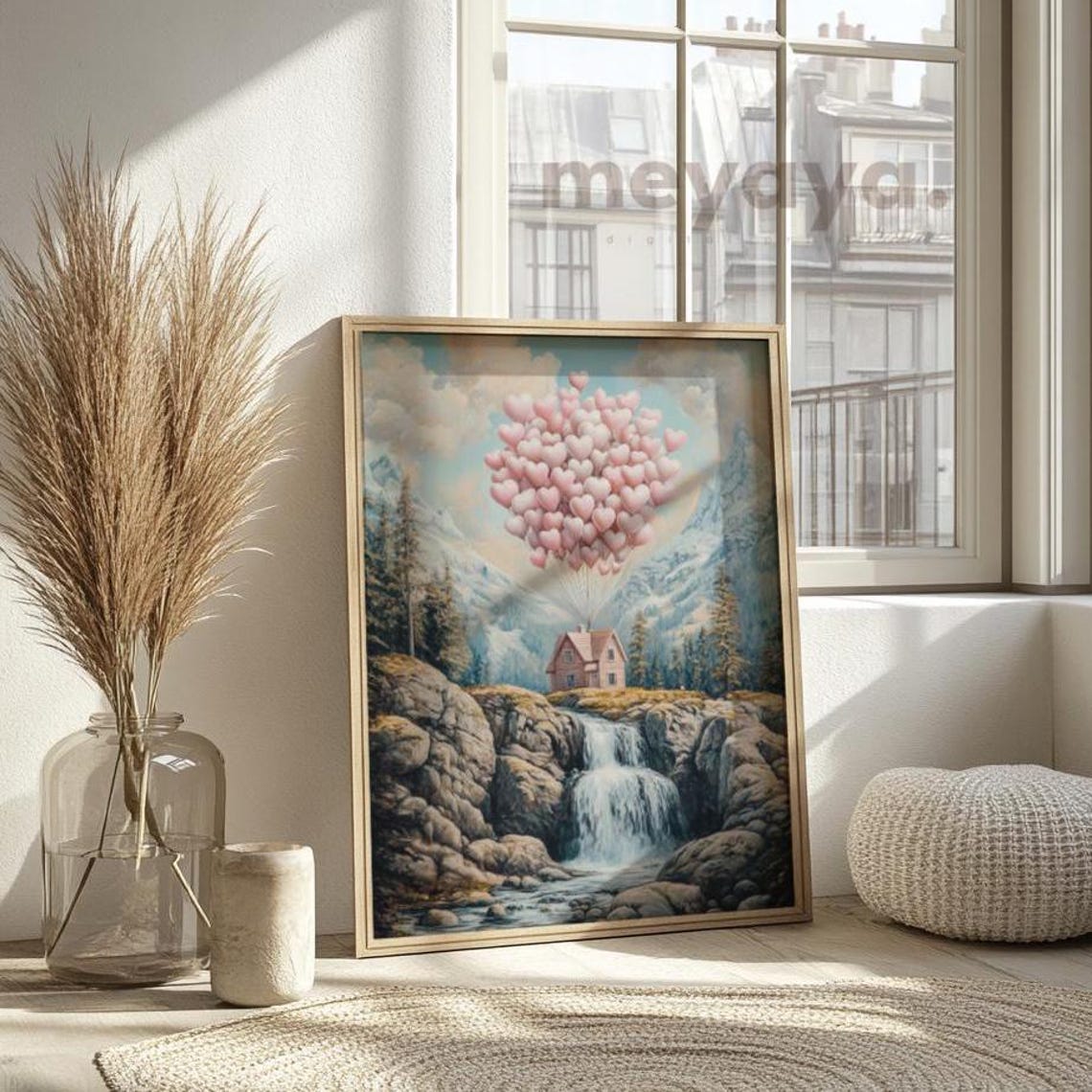 Heart Balloon House Flying Over Waterfall Mountain Wall Print - Image 4
