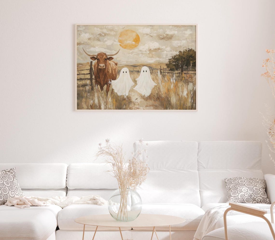 Longhorn Cow Ghosts Sunset Field Rustic Painting Art Wall Poster - Image 2