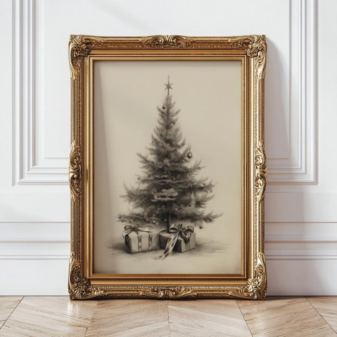 Sepia Pencil Sketch Christmas Tree With Gifts Vintage Holiday Poster - Image 5