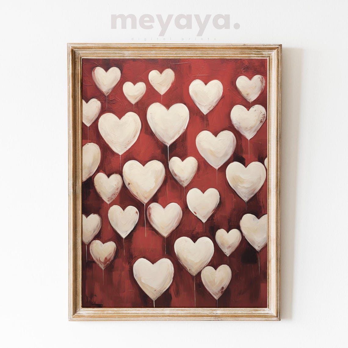 White Hearts Red Background Vintage Romantic Love Pattern Wall Print