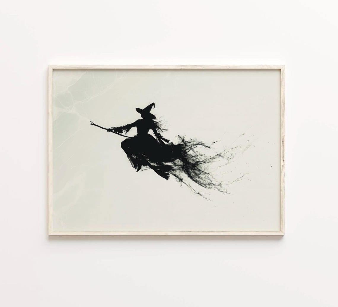 Witch Flying On A Broomstick Black Ink Silhouette Halloween Poster - Image 5