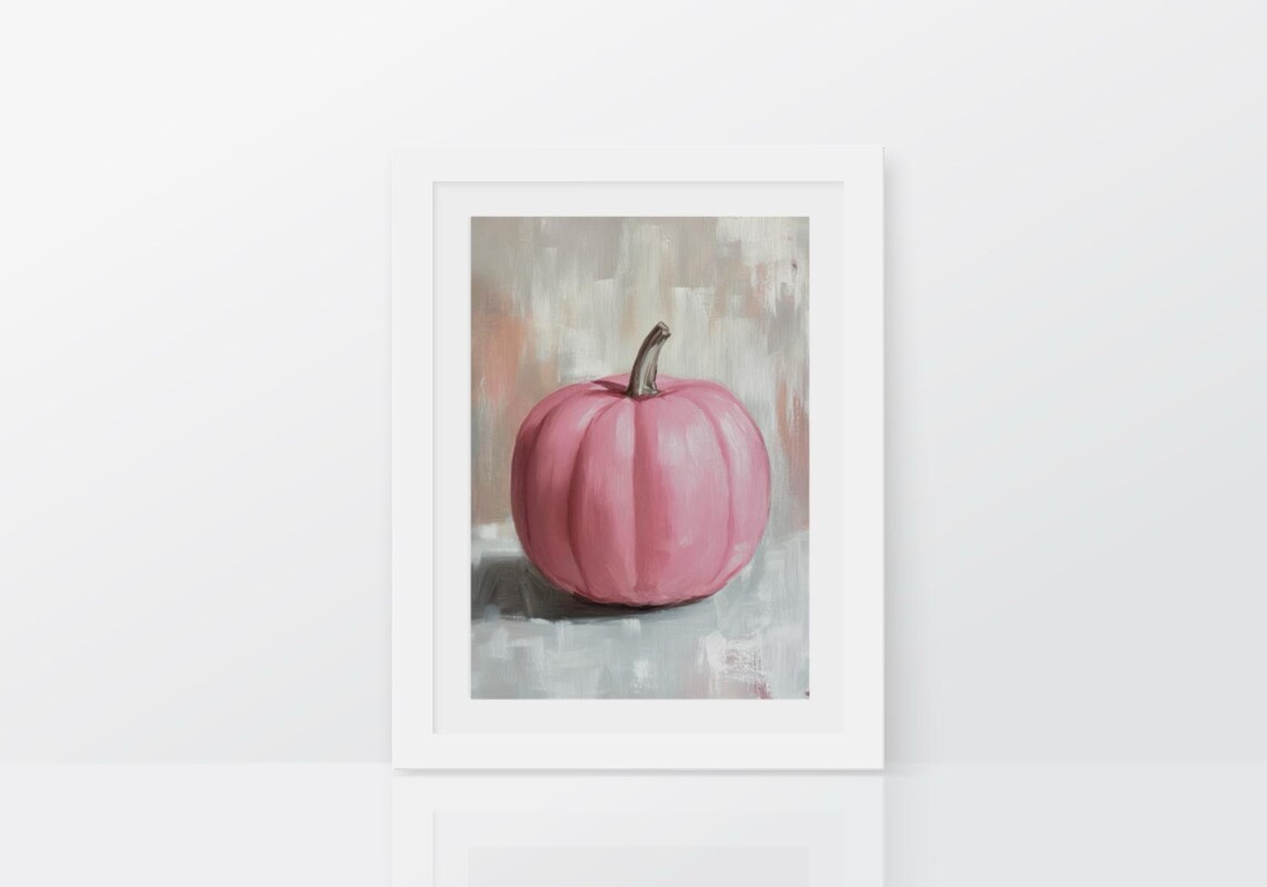 Pink Pumpkin Still Life Oil Painting On A Soft Gray Background Poster - Image 3