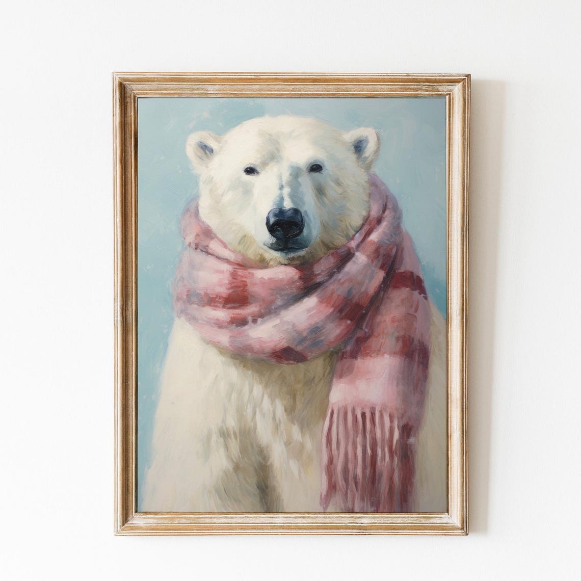 Cute Polar Bear In Pink Plaid Scarf Winter Animal Portrait Poster
