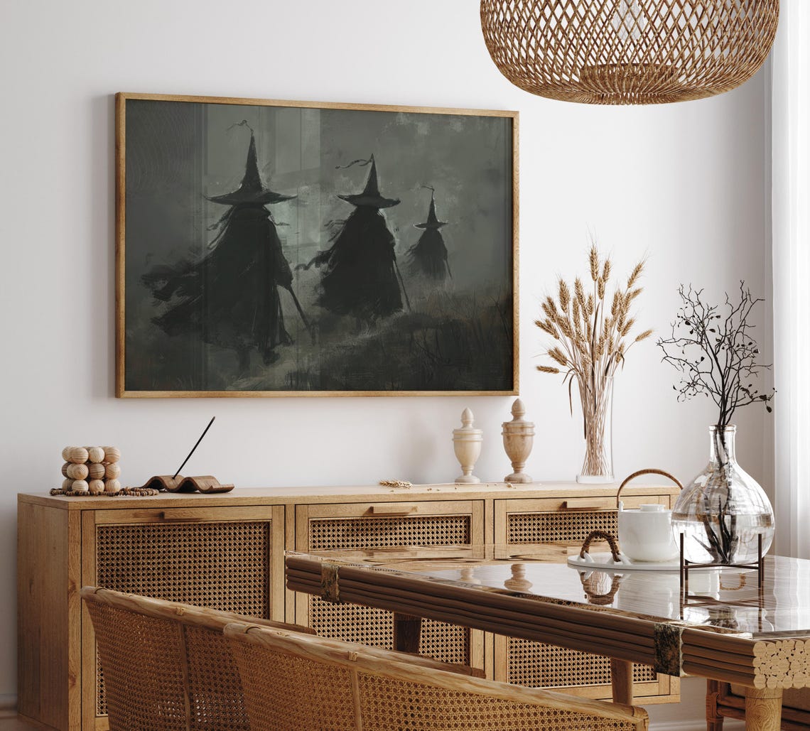 Three Witches Walking Through Foggy Moor Moody Dark Academia Poster - Image 3