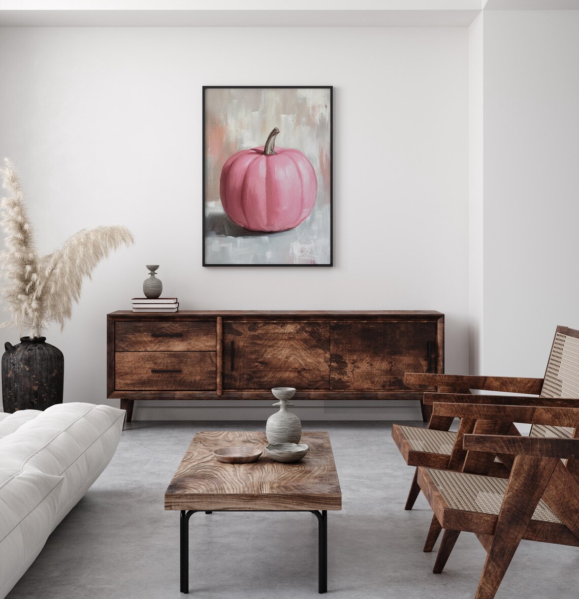 Pink Pumpkin Still Life Oil Painting On A Soft Gray Background Poster - Image 2