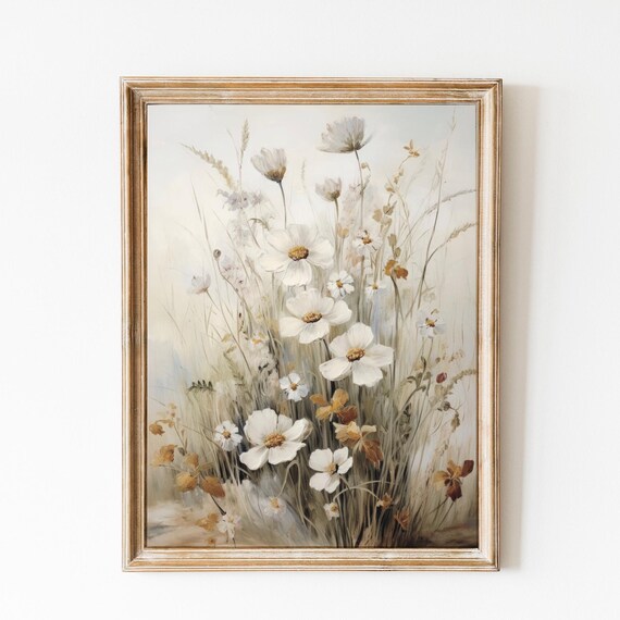 White Wildflowers And Grasses In Soft Beige Tones Painting Poster