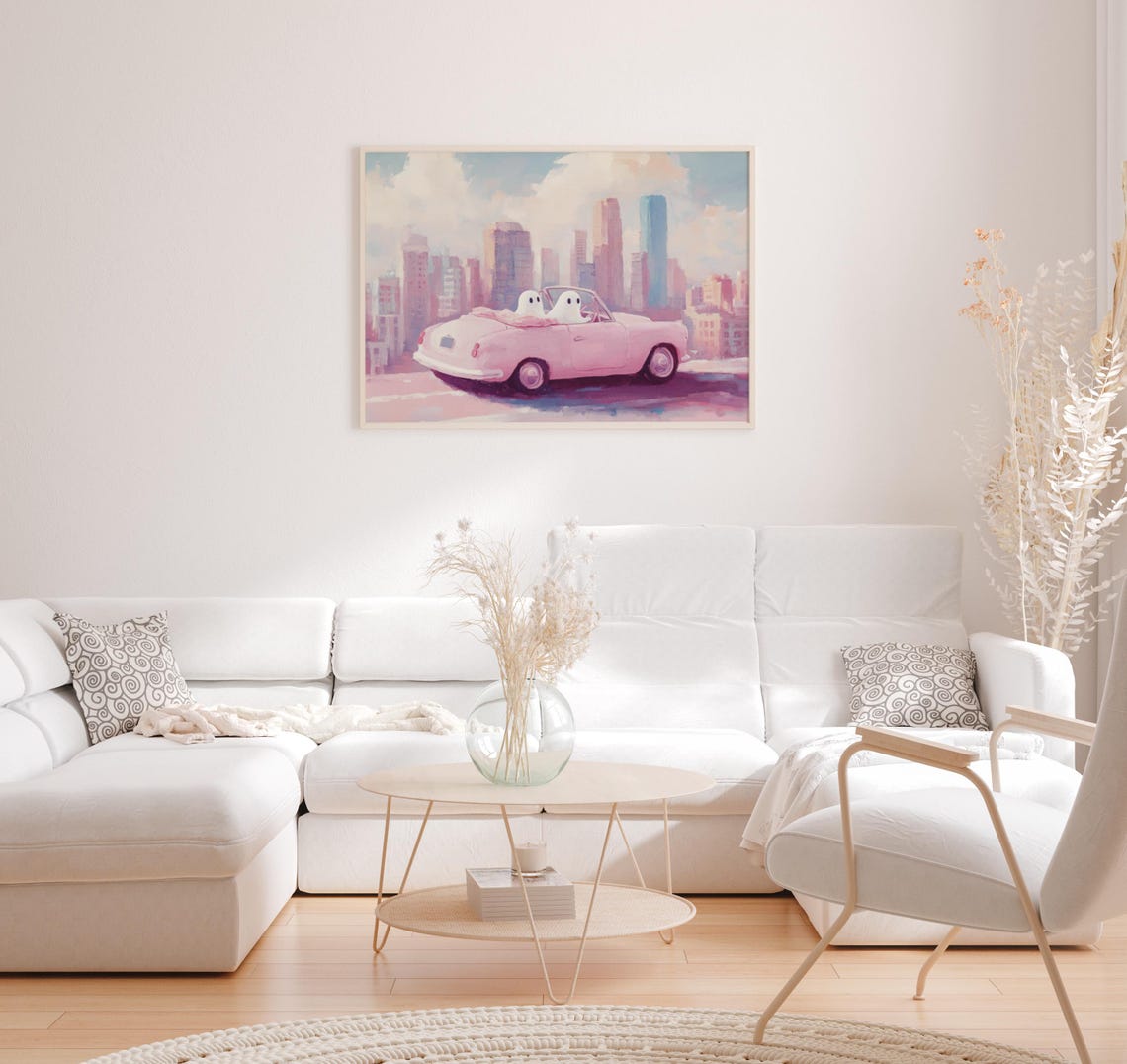 Two Cute Ghosts Riding A Pink Vintage Convertible In The City Poster - Image 4