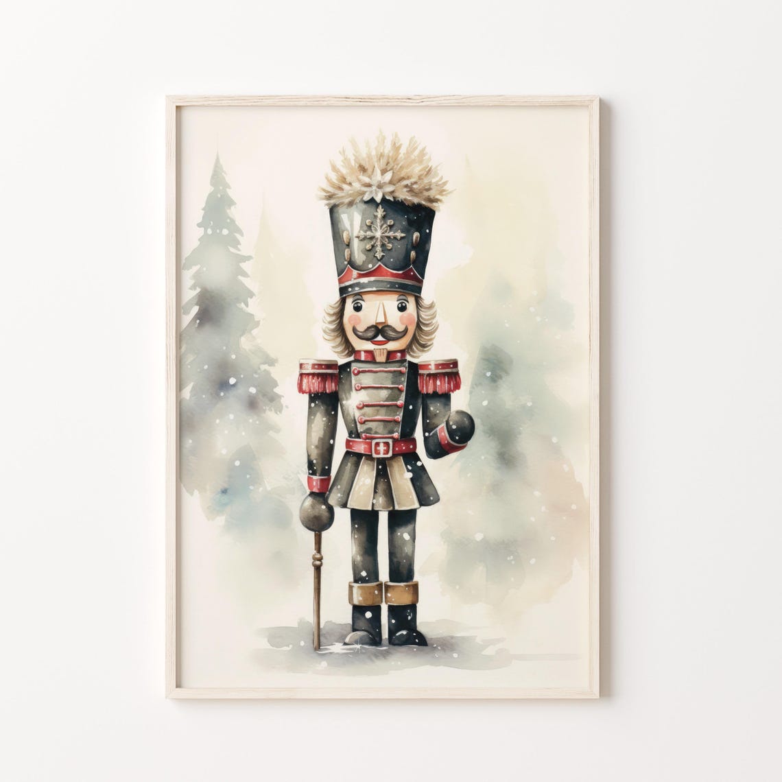 Watercolor Nutcracker In Dark Uniform With Snowy Christmas Poster - Image 4