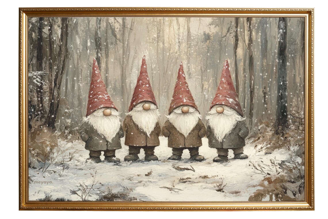 Four Christmas Gnomes Red Hats Snowy Forest Winter Art Poster - Image 6