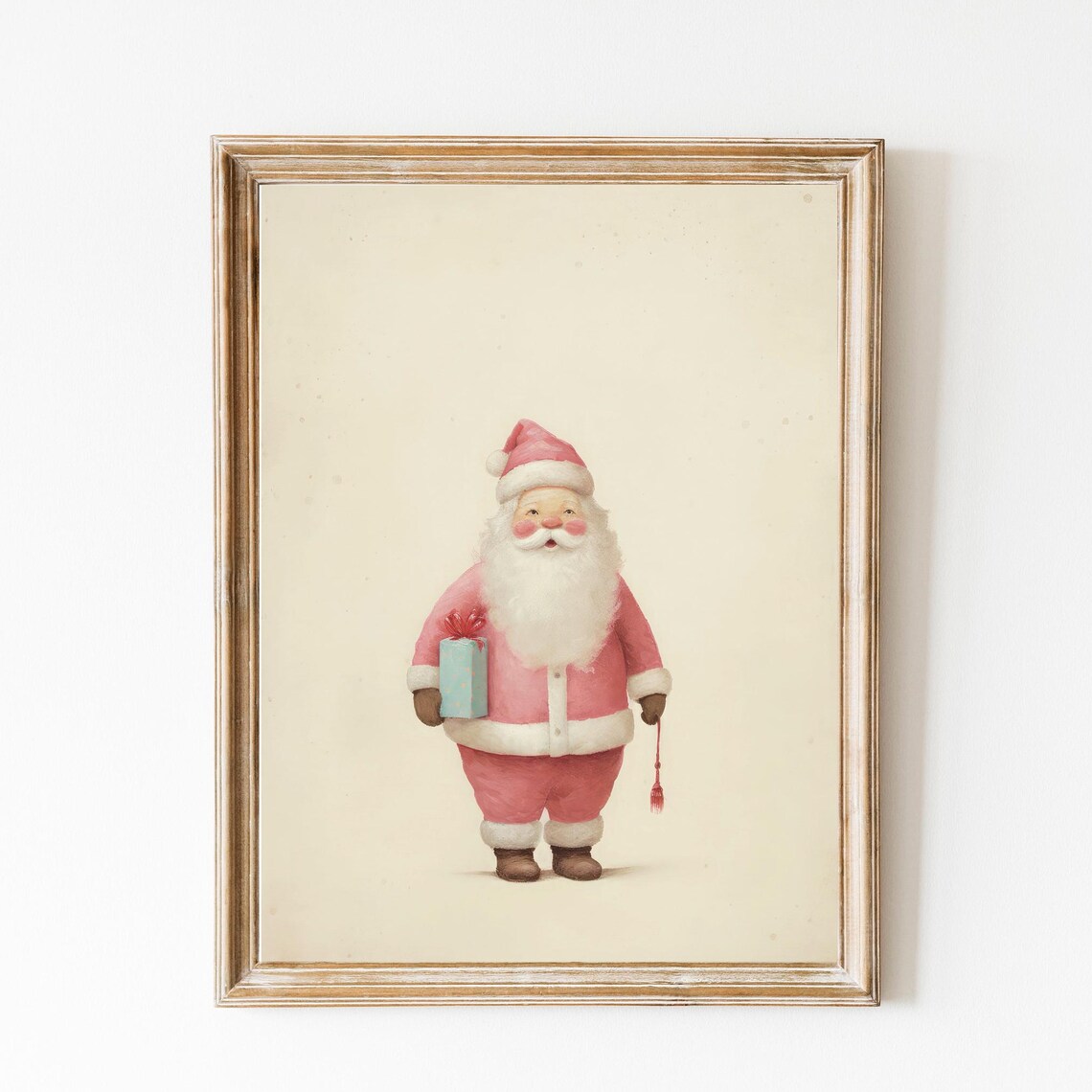 Adorable Pink Santa Claus Holding Gift Pastel Christmas Nursery Poster