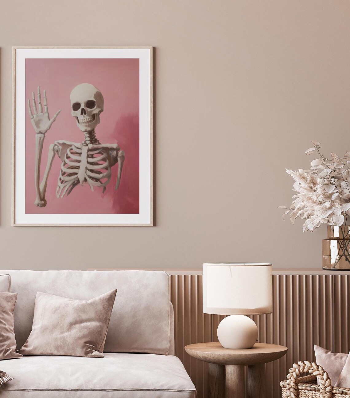 Playful Skeleton Waving Hand On A Pink Background Halloween Poster - Image 3