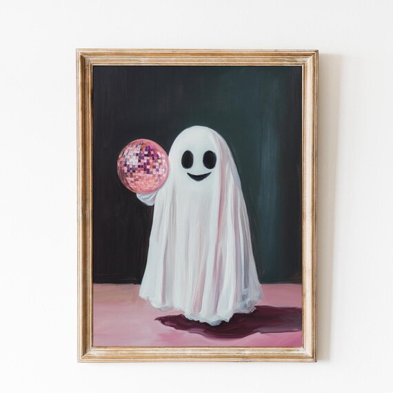 Cute Smiling Ghost Holding A Pink Disco Ball On Dark Background Poster