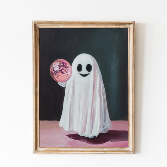 Disco Cute Ghost Print Spooky Pink Decor Girly Preppy Halloween Decor Retro Pink Halloween Disco Ball Poster Ghost Painting