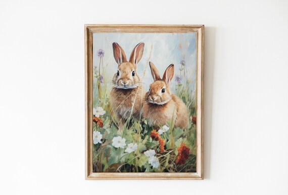 Two Baby Bunnies Wildflowers Spring Garden Vintage Easter Poster