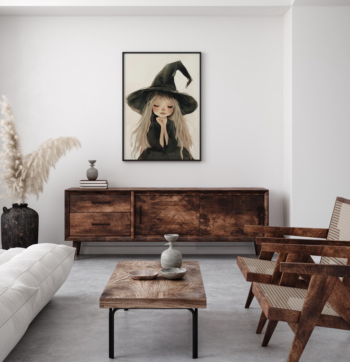 Cute Little Witch Girl With Big Black Hat Watercolor Portrait Poster - Image 3