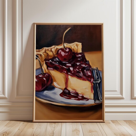 Cherry Pie Slice Dripping Cherry Sauce Fork Vintage Still Life Poster