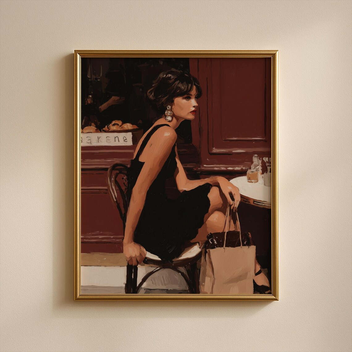 Paris Cafe Woman Black Dress Shopping Bag Red Bistro Moody Wall Art