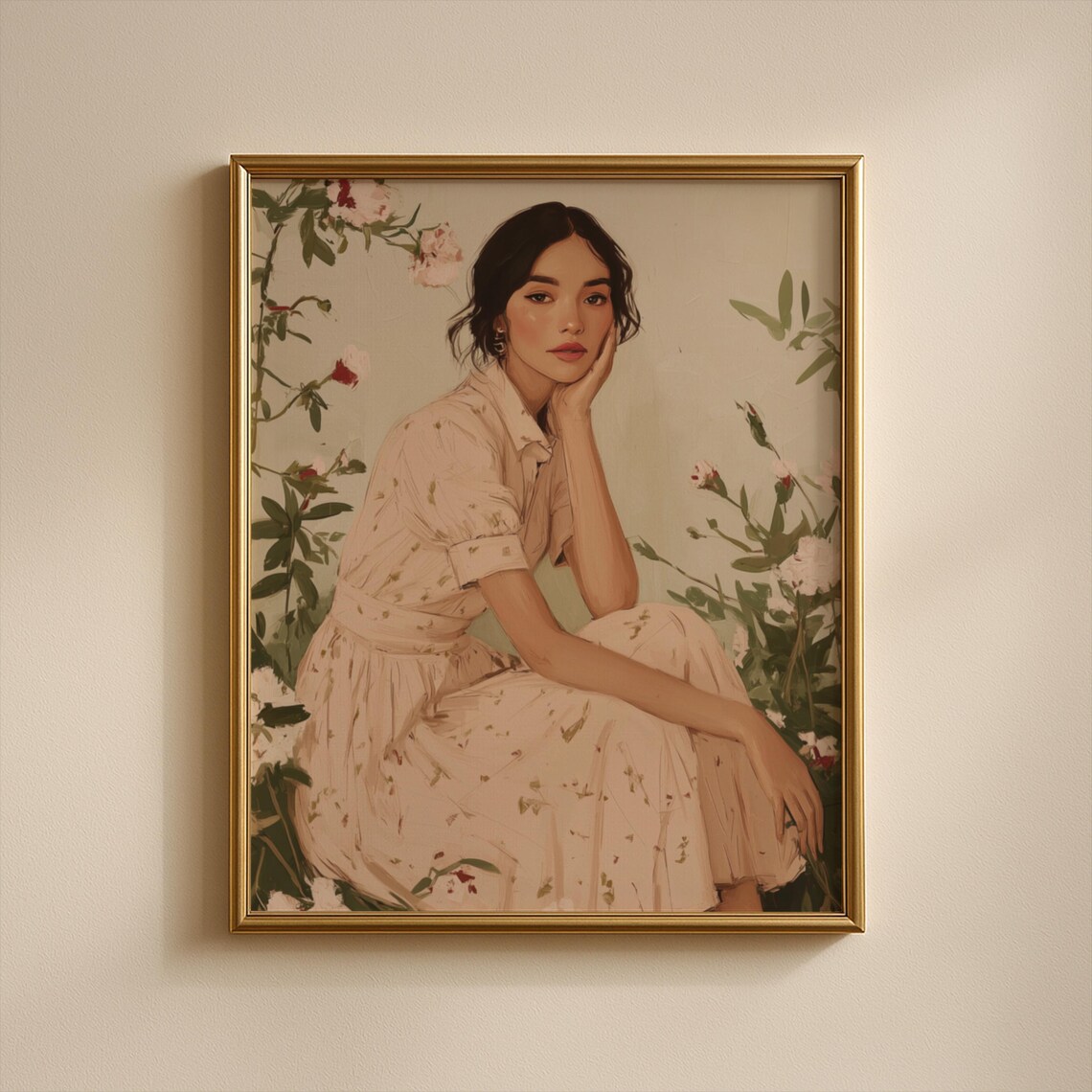 Vintage French Woman in Floral Dress Romantic Portrait Poster