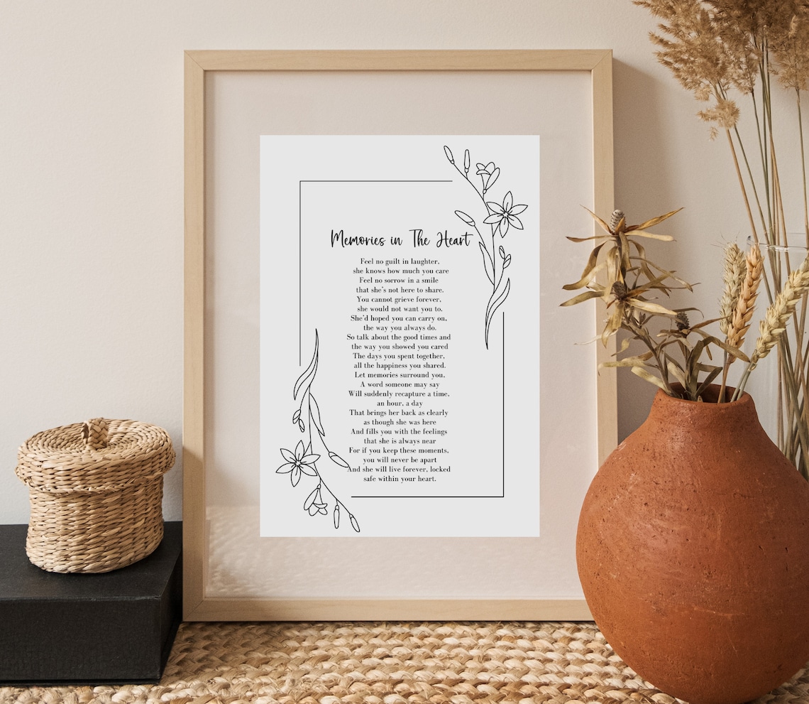 Memories in the Heart Delicate Line-Art Floral Memorial Poem Poster - Image 2