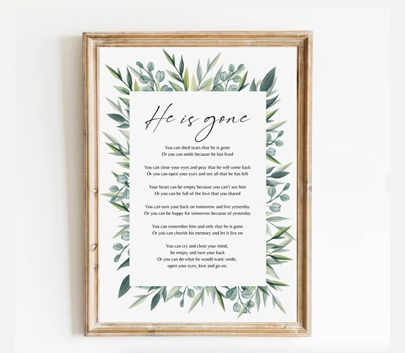 He Is Gone Greenery Watercolor Border Sympathy Memorial Poem Poster