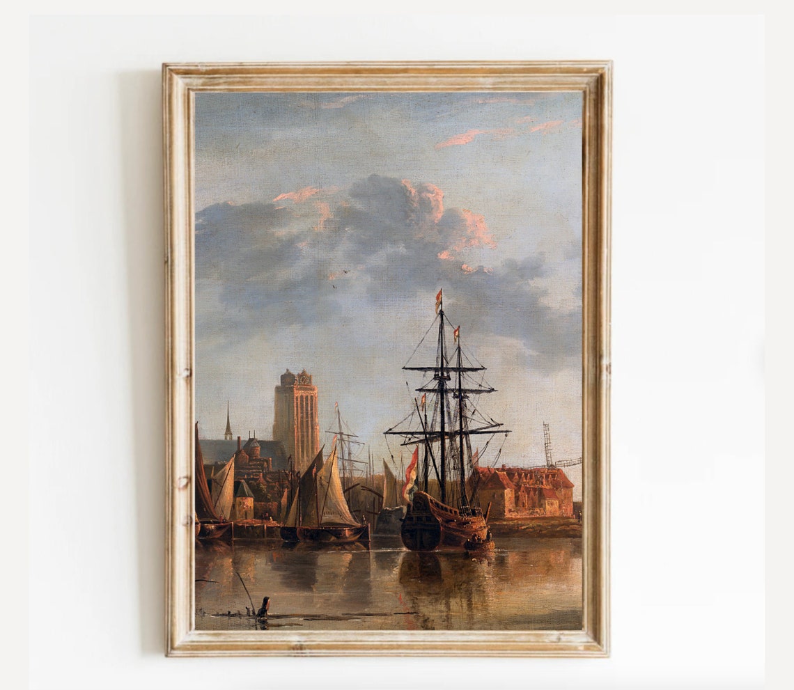 Historic Dutch Harbor Scene With A Tall Ship And Church Tower Poster