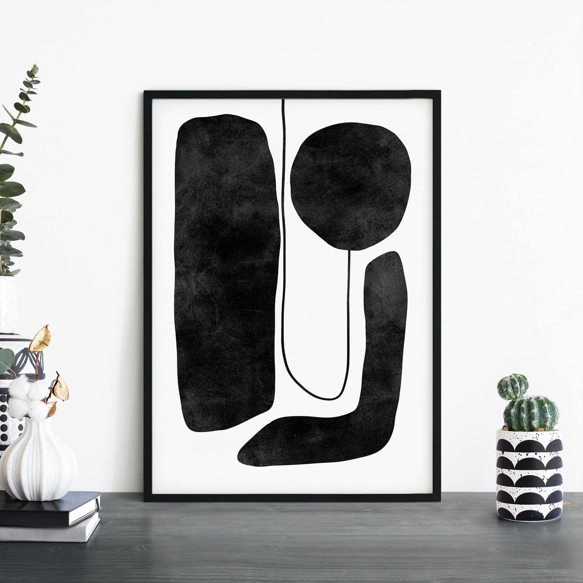 Connected Black Organic Shapes Single Line Monochrome Art Poster