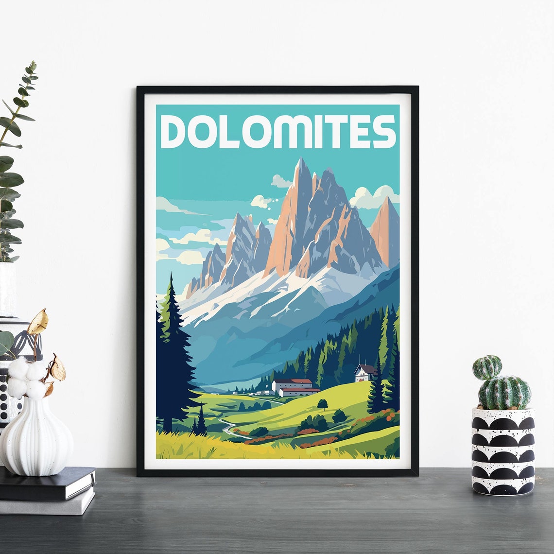 Dolomites Italy Travel Poster With Dramatic Peaks Above A Green Valley