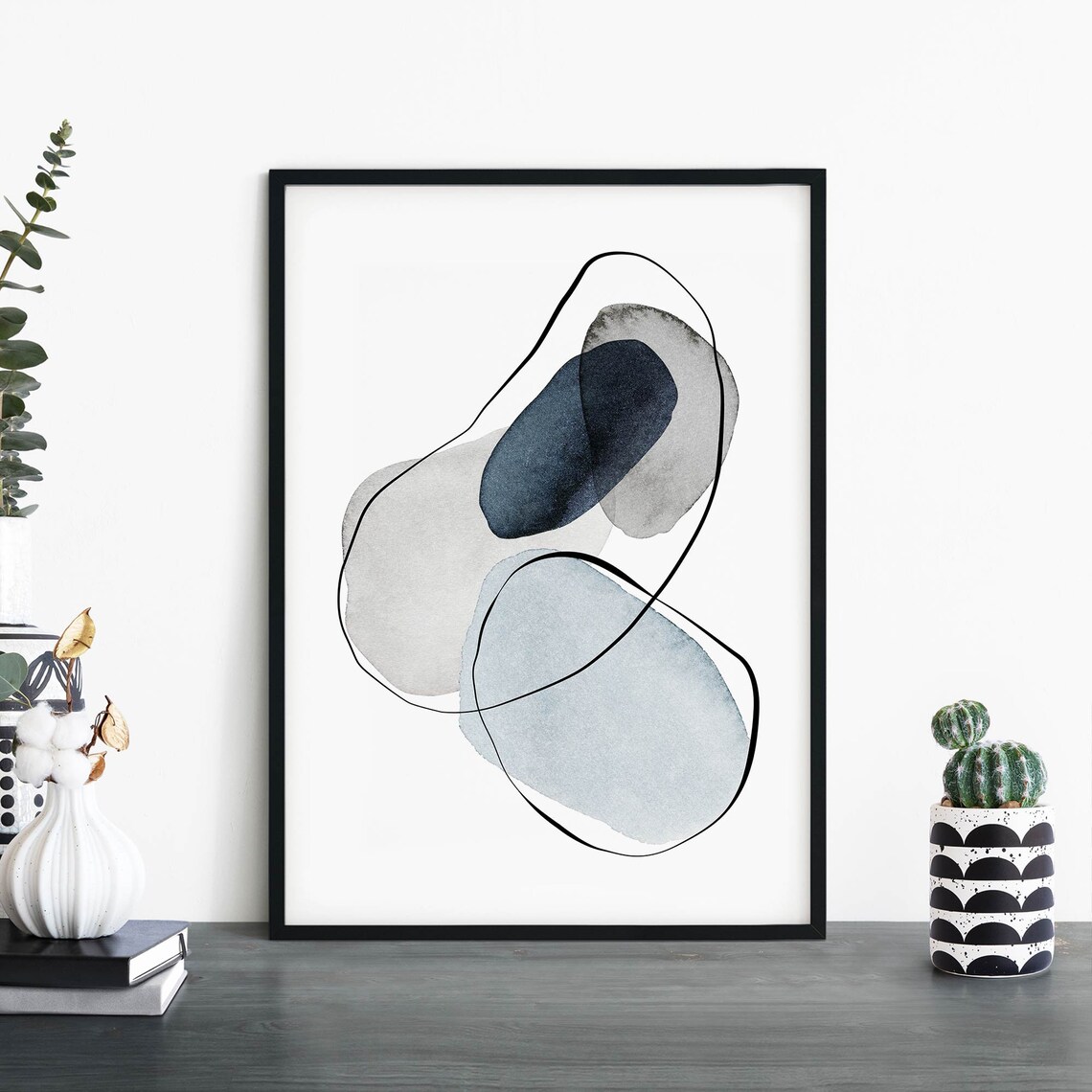 Abstract Watercolor Pebbles Navy and Grey Organic Shapes Poster