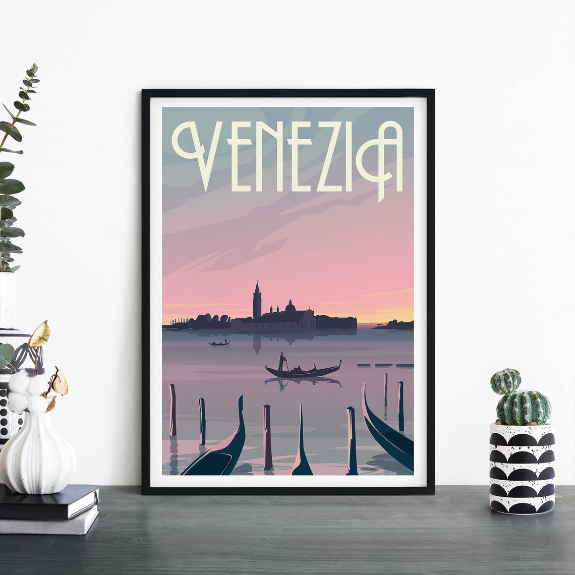 Venice Gondolas at Sunset Illustrated Travel Poster Venezia Italy