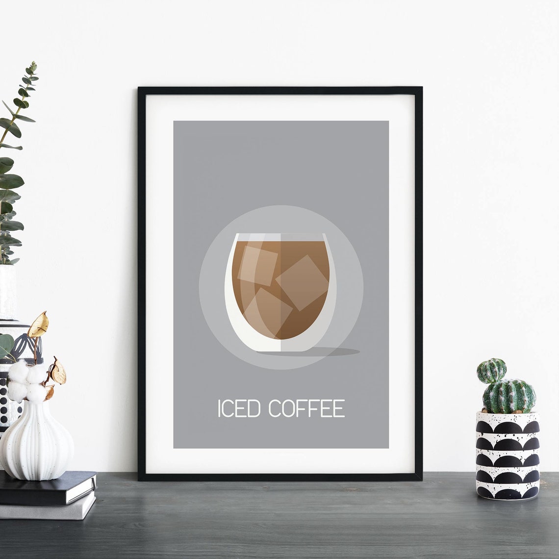 Iced Coffee Minimal Glass Poster in Gray Tones for Kitchen Decor