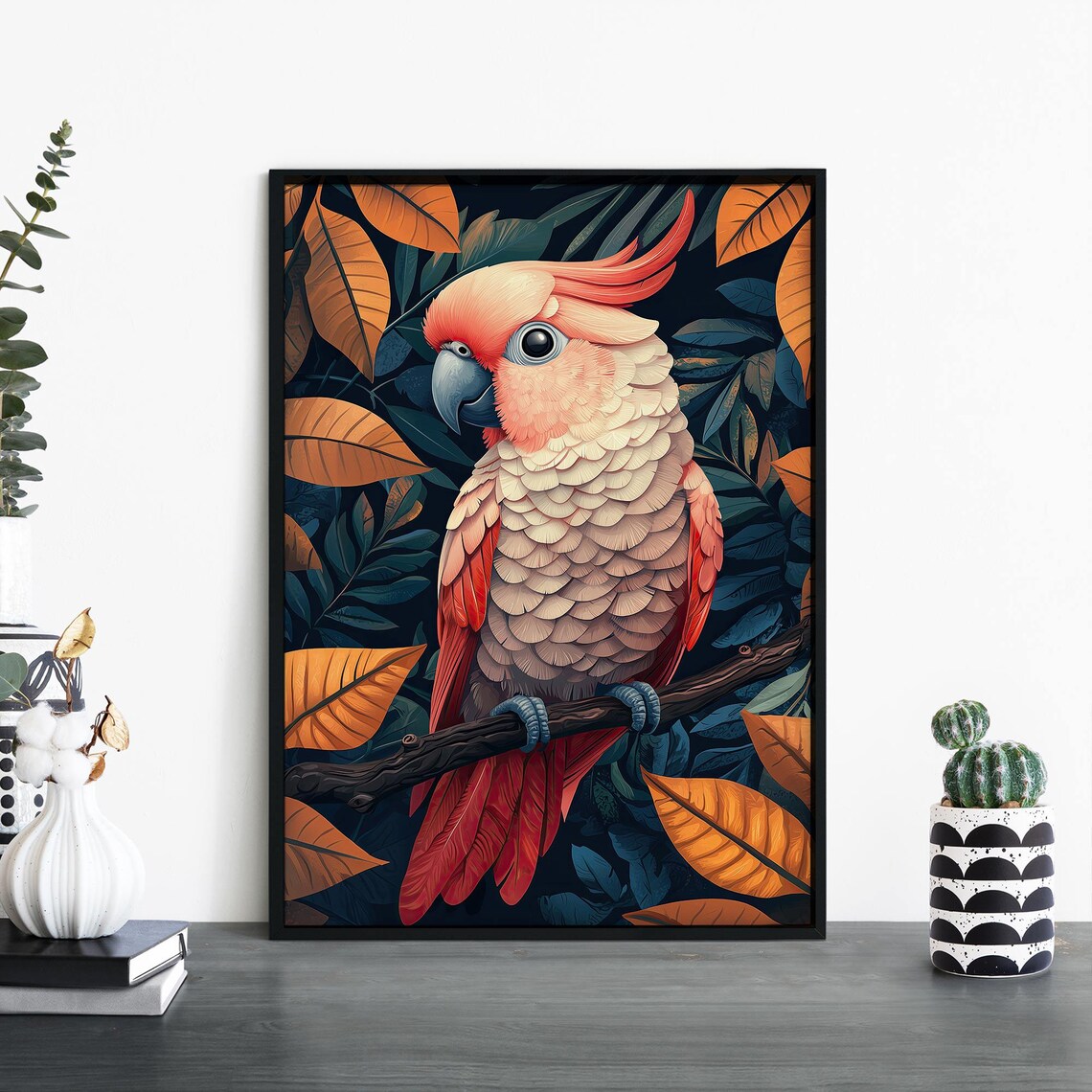 Pink Cockatoo Side Profile With Orange Autumn Leaves Bird Poster