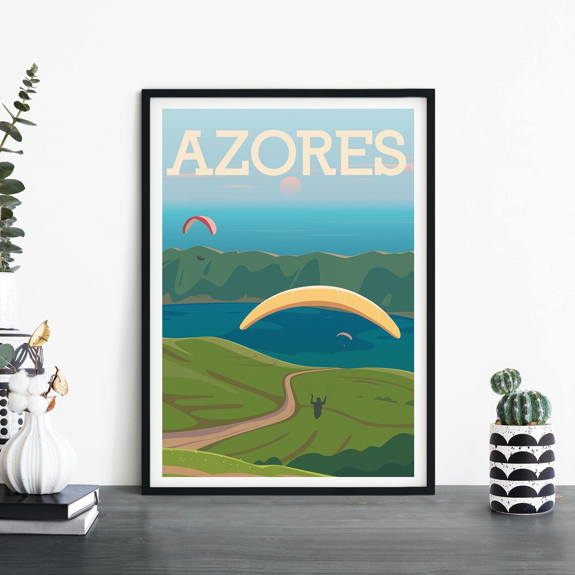 Azores Portugal Travel Poster With Paragliders Over Green Crater Lake
