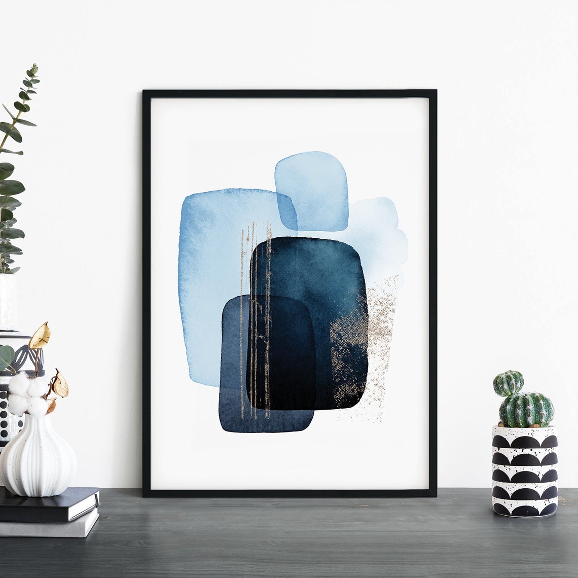 Navy Blue Abstract Watercolor Blocks With Gold Accents Wall Art