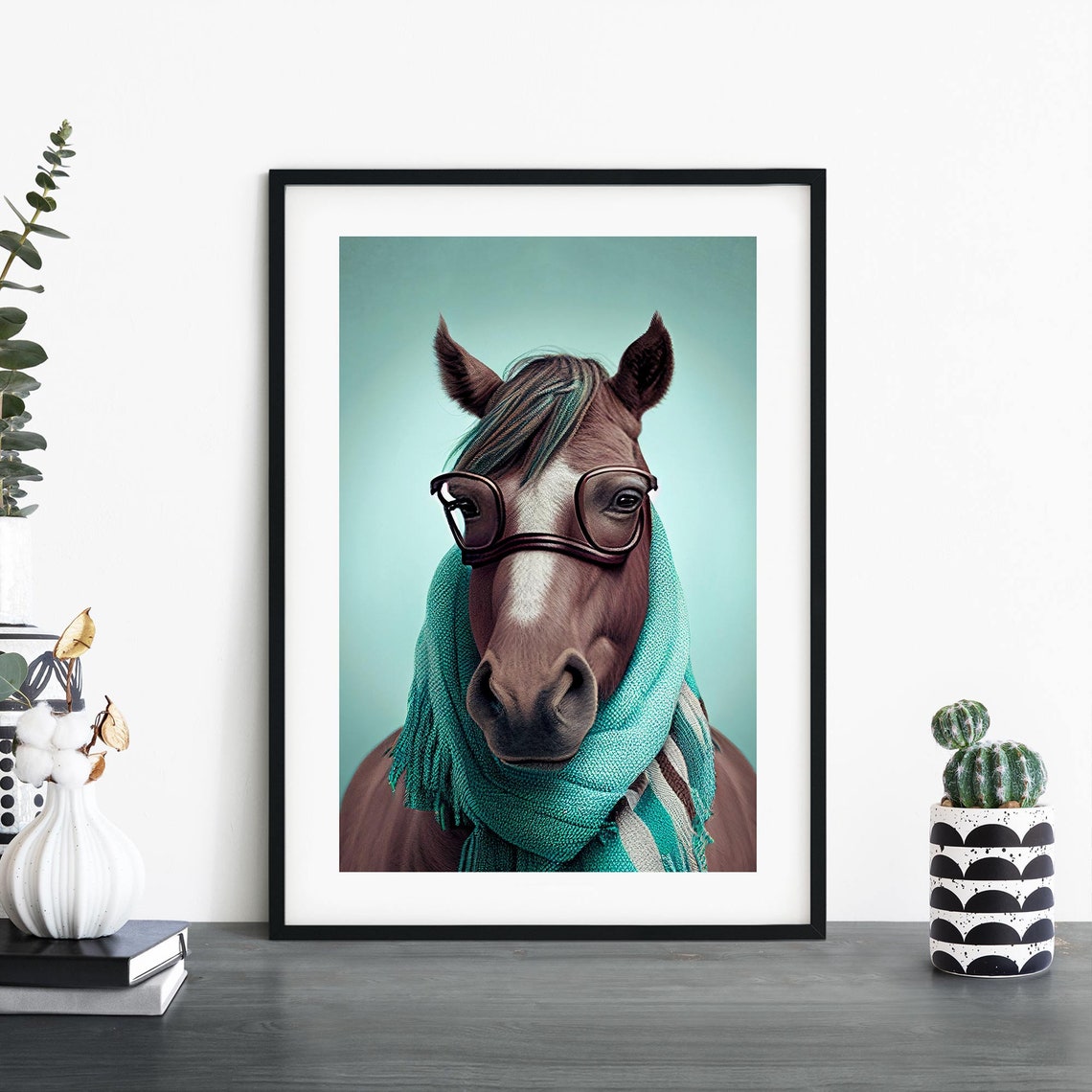 Hipster Horse In Glasses And A Teal Scarf Studio Portrait Poster