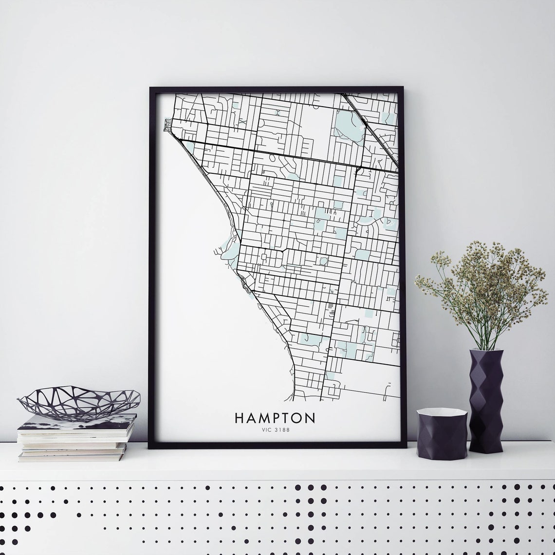 Hampton Melbourne Australia Coastal Black Street Map Art Print