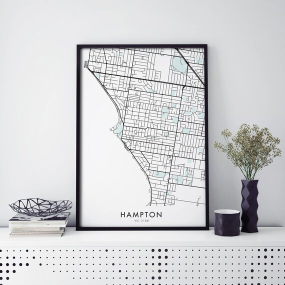 Hampton Melbourne Australia Coastal Black Street Map Art Print