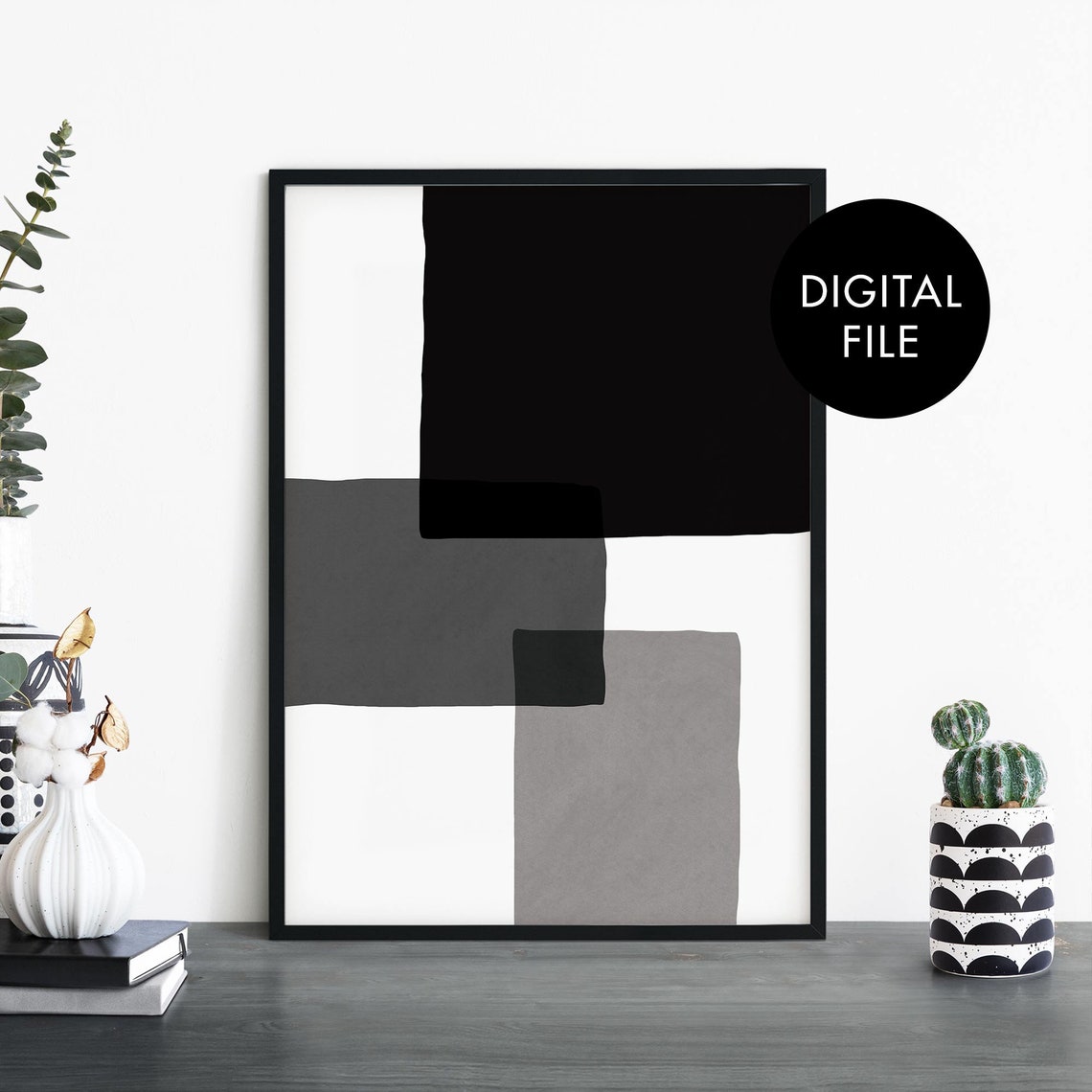 Minimalist Black And Grey Geometric Blocks Abstract Modern Art Poster