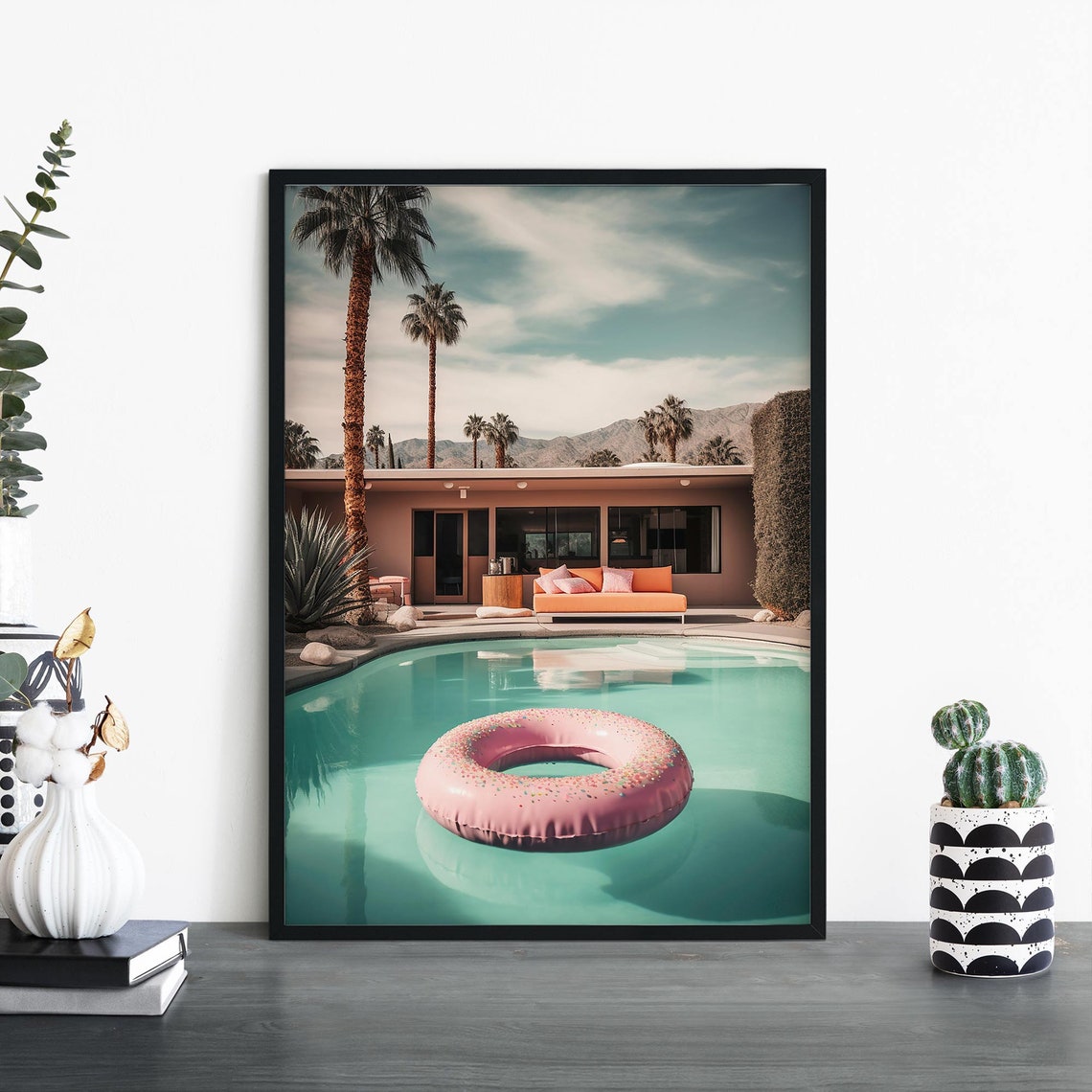 Palm Springs Pool With Pink Donut Float and Orange Sofa Poster