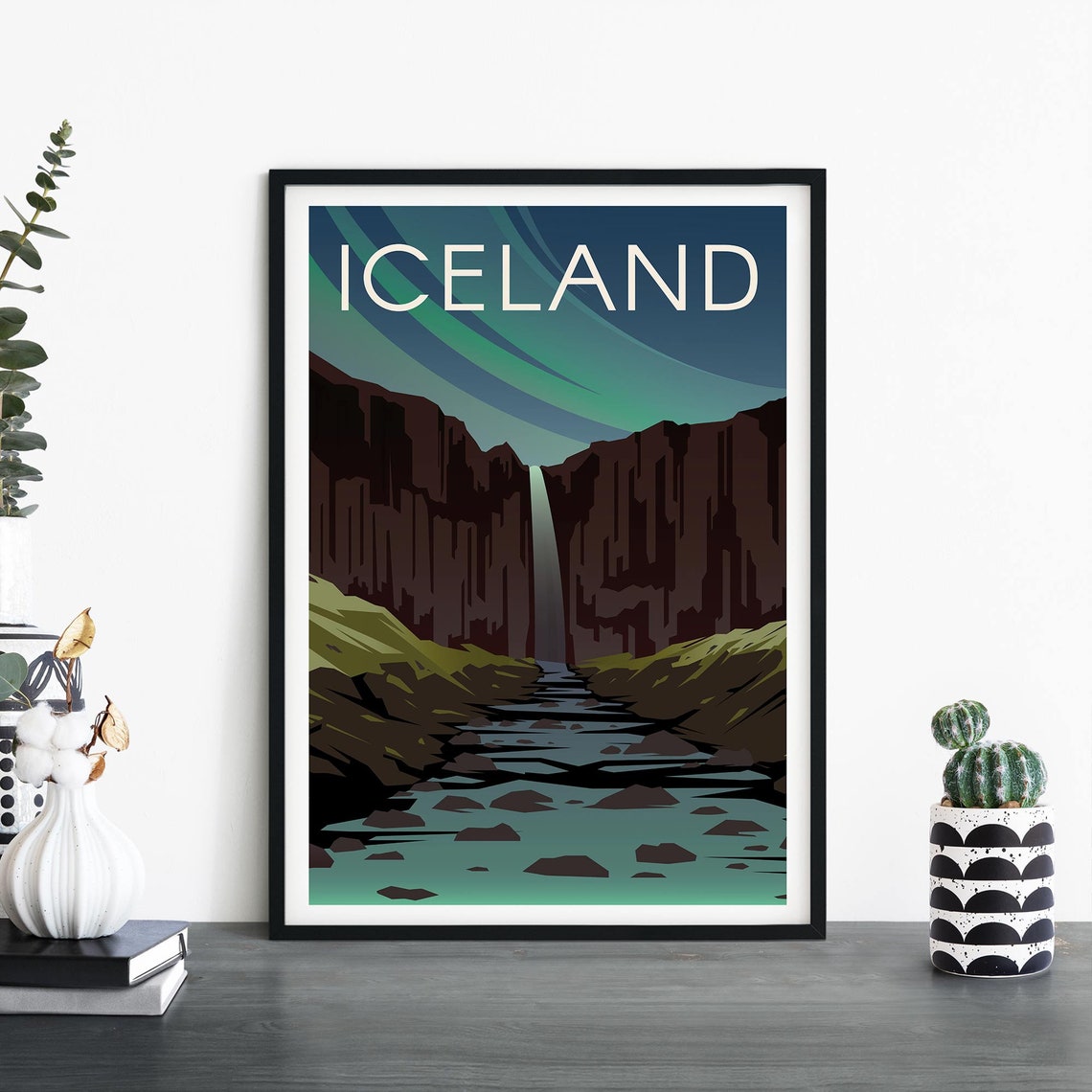 Iceland Waterfall Northern Lights Aurora Sky Illustrative Poster