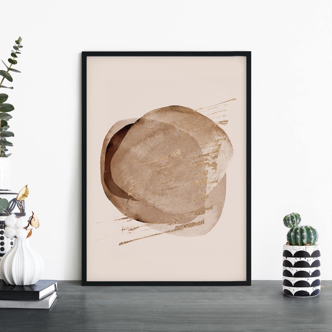 Bronze Watercolor Circle Gold Strokes Neutral Abstract Poster