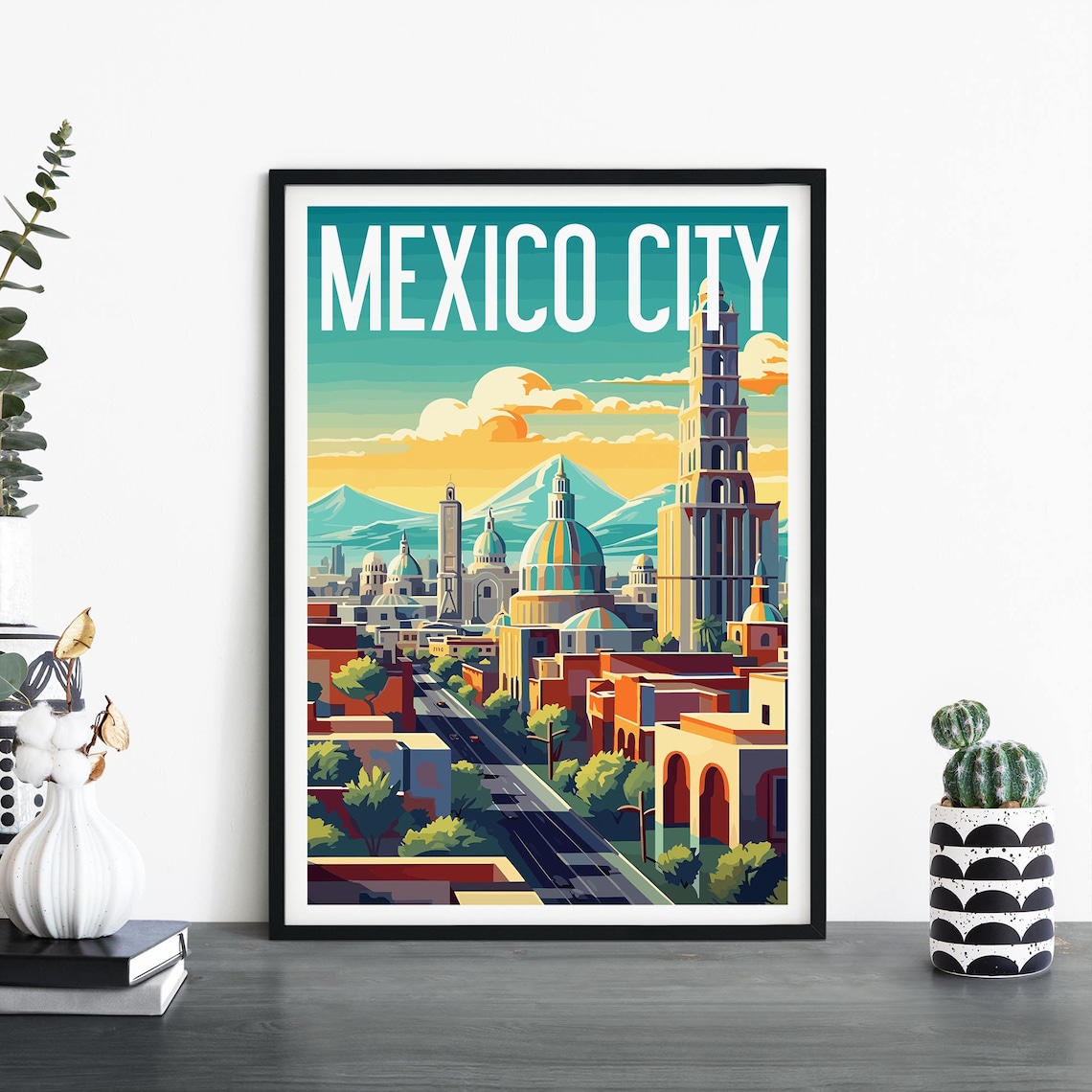 Mexico City Cathedral Skyline Vintage Illustrated Travel Poster