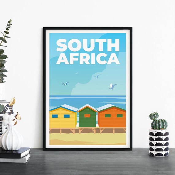 South Africa Colorful Muizenberg Beach Huts Seaside Travel Poster