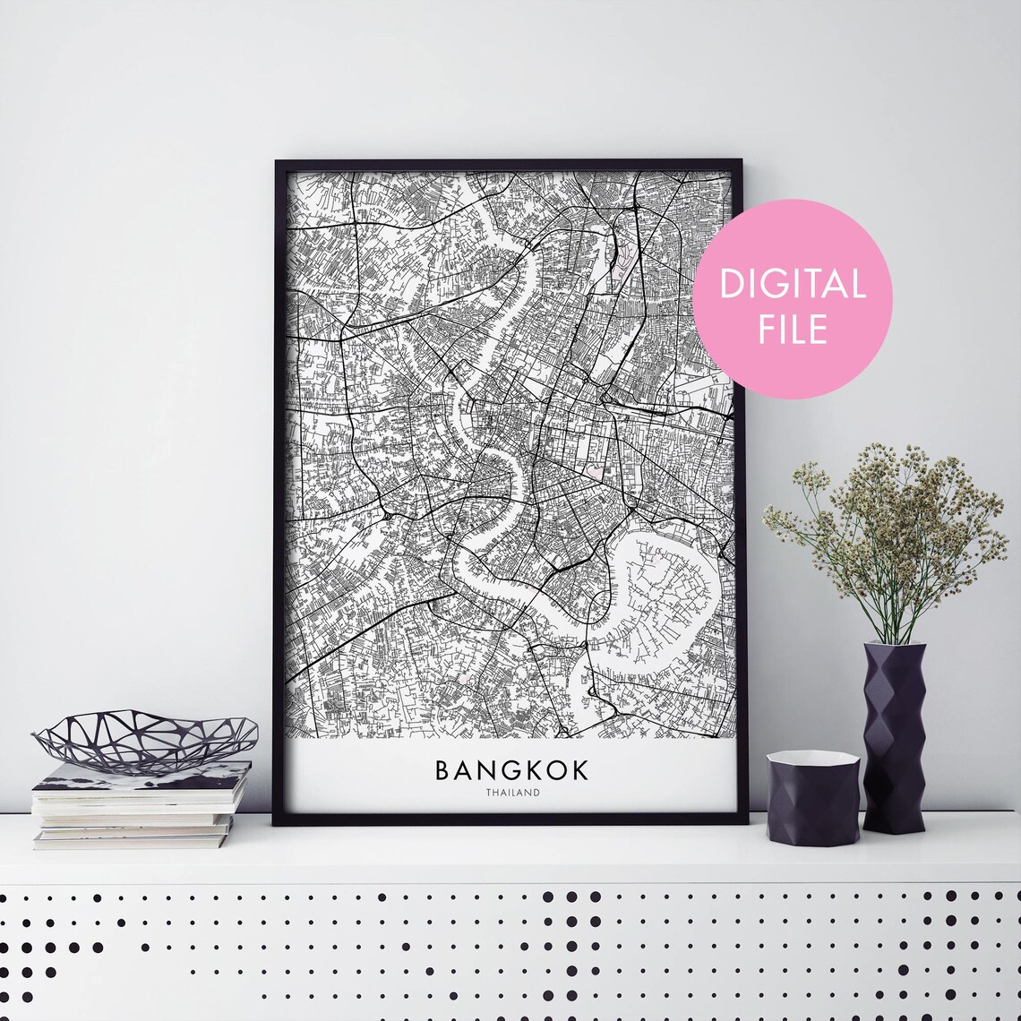 Bangkok Thailand Minimalist City Night Street Map Modern Wall Art