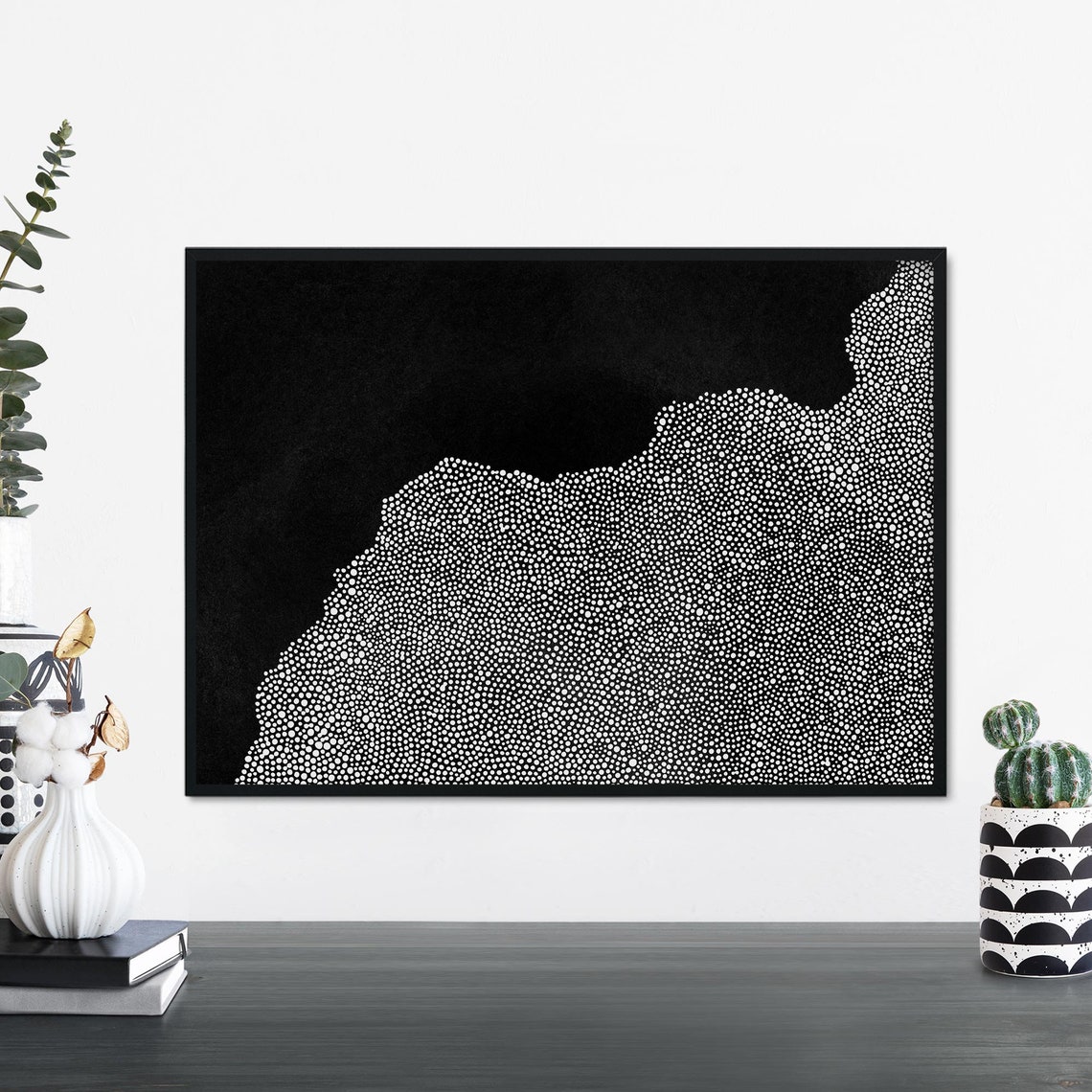 Black And White Dotted Stipple Abstract Organic Wave Minimalist Poster