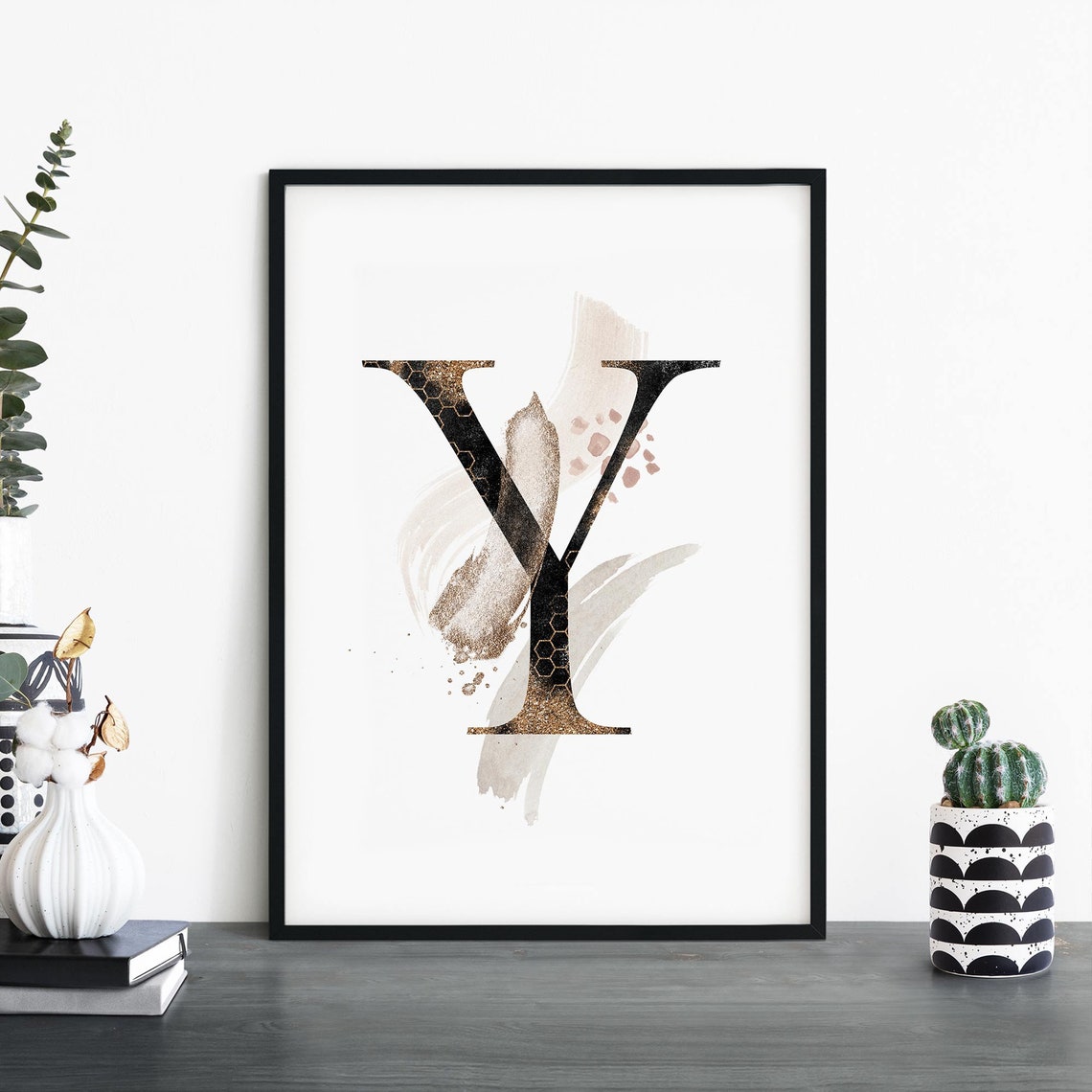 Letter Y Alphabet Monogram Print Gold Glitter Watercolor Design