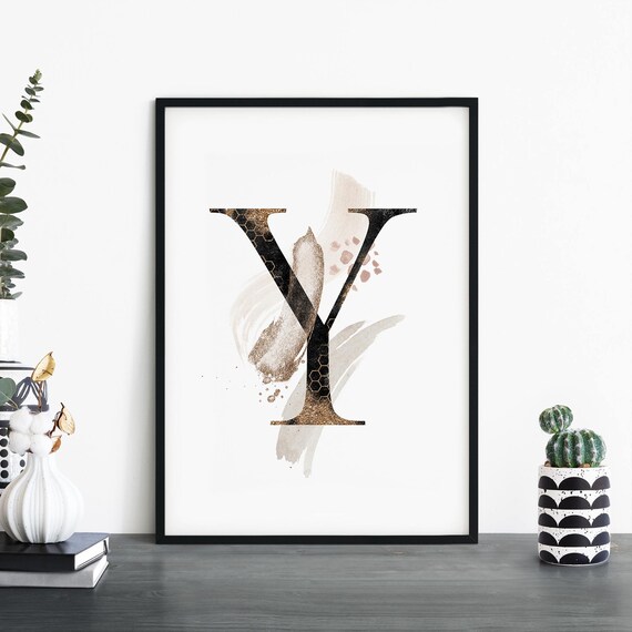 Letter Y Alphabet Monogram Print Gold Glitter Watercolor Design