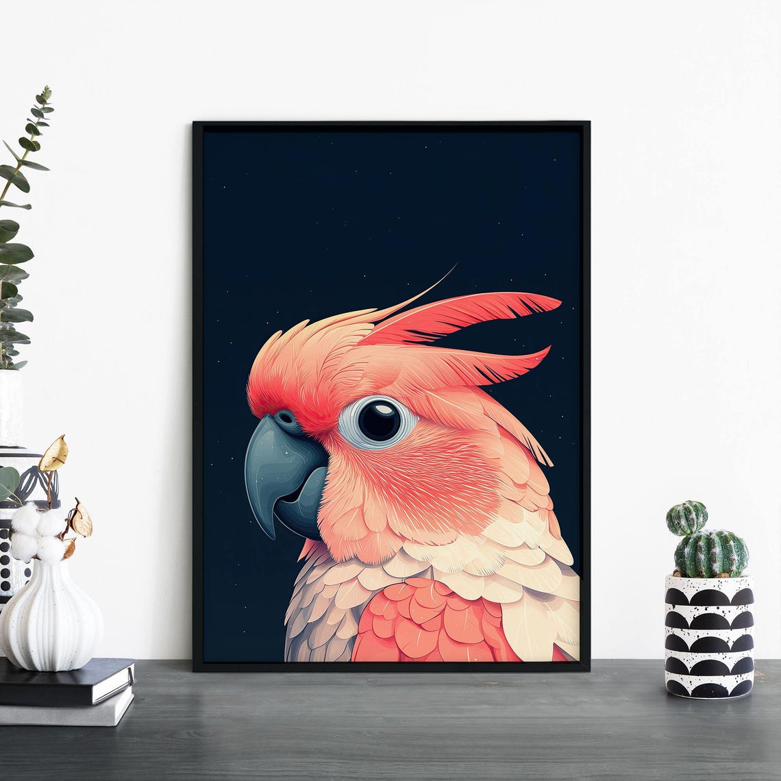 Pink Cockatoo Portrait on Starry Night Illustrative Bird Poster