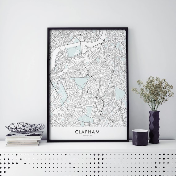 Clapham London Detailed Black Street Map Line Art Gift Travel Poster