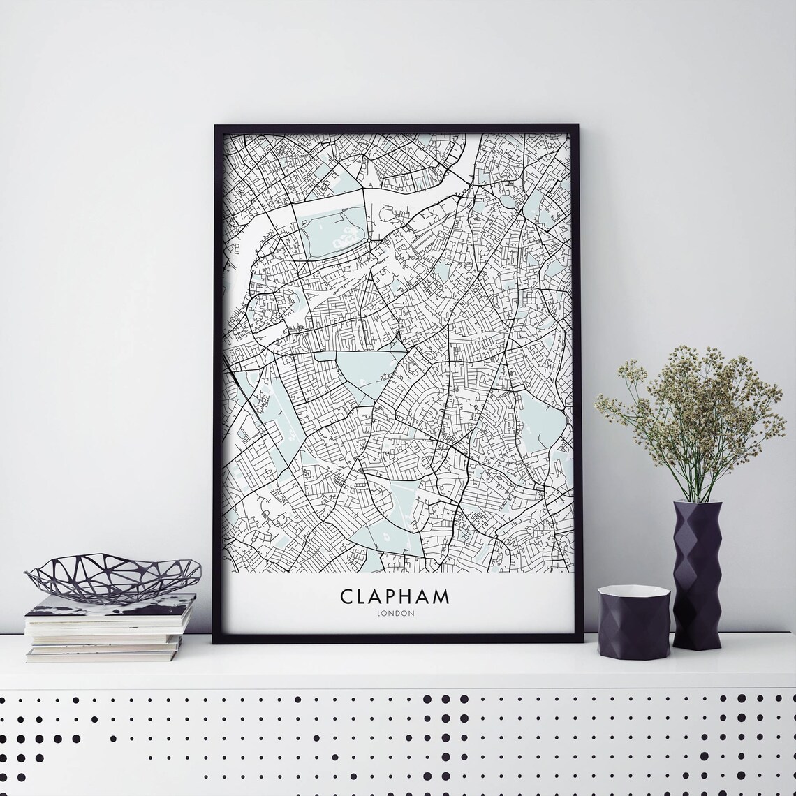 Clapham London Detailed Black Street Map Line Art Gift Travel Poster