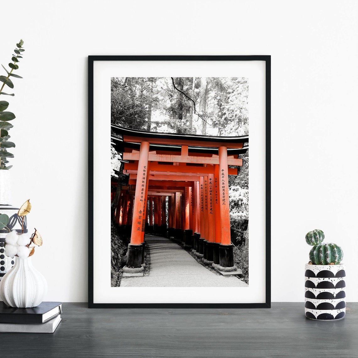 Red Torii Gates Framed by Black and White Forest Travel Poster